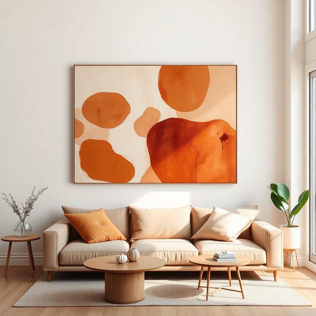 Stor abstrakt tavla i terrakotta och cream över beige soffa i ljust vardagsrum