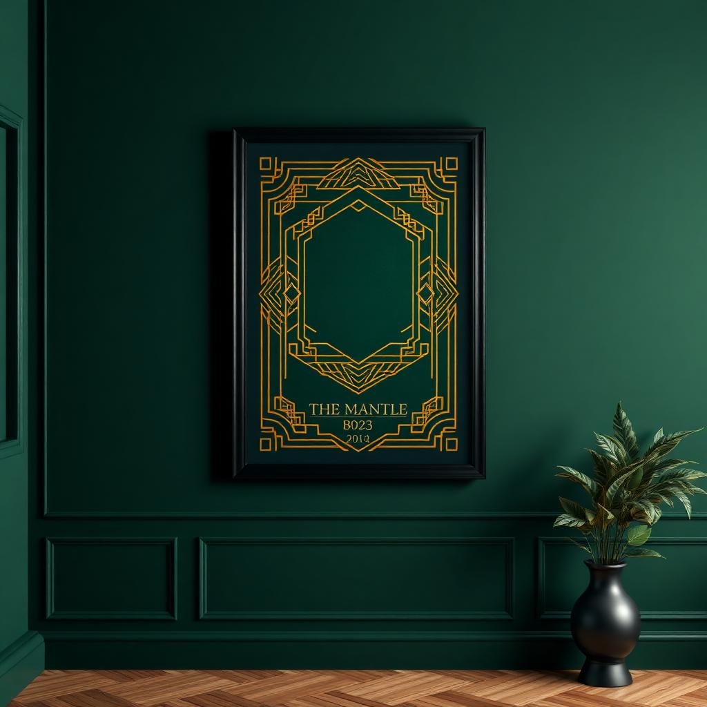 Art Deco-poster med guldgeometri i svart ram på mörk grön vägg