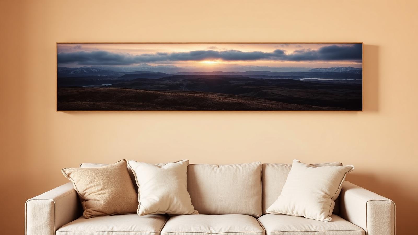 Panorama-fototavla av nordiskt landskap över soffa