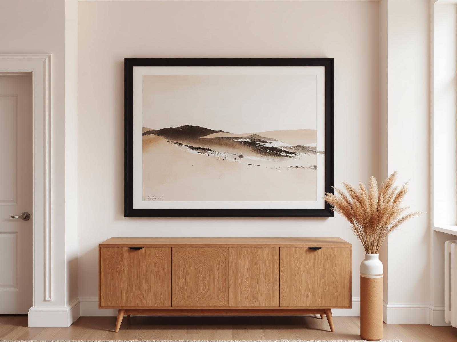 Stor poster 70x100 i svart ram över oak sideboard
