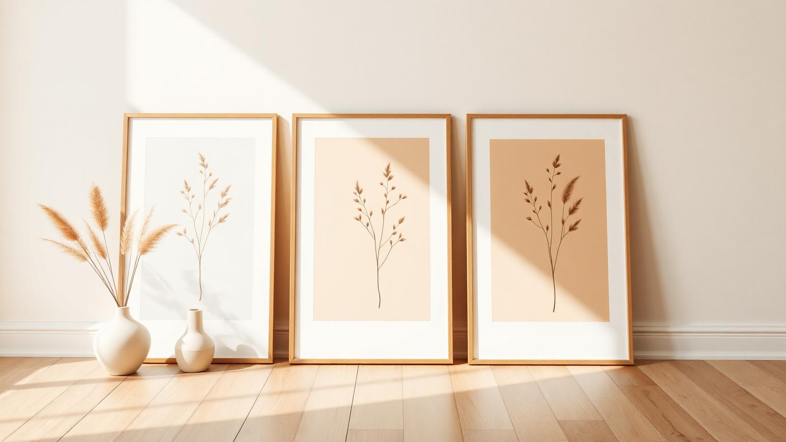 Tre inramade botaniska posters lutade mot cream vägg