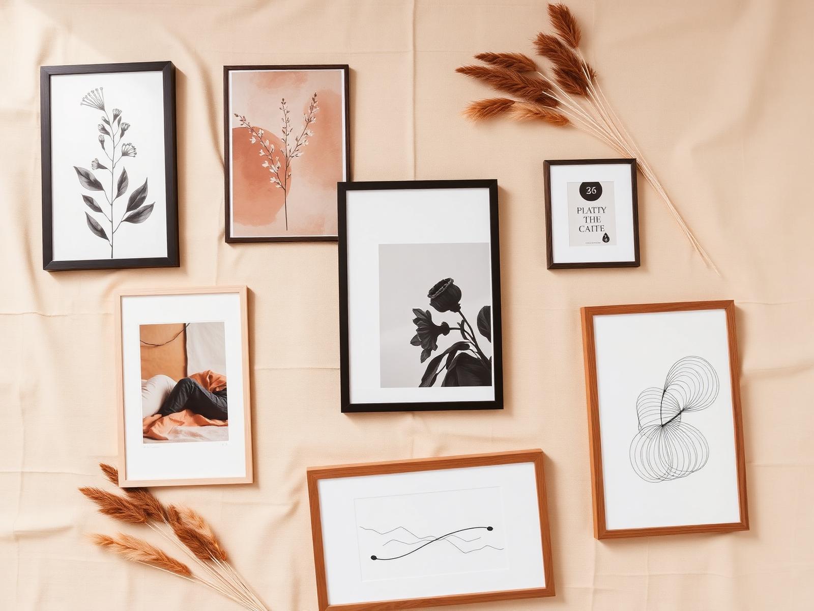 Flat lay av fem kurerade posters i olika stilar