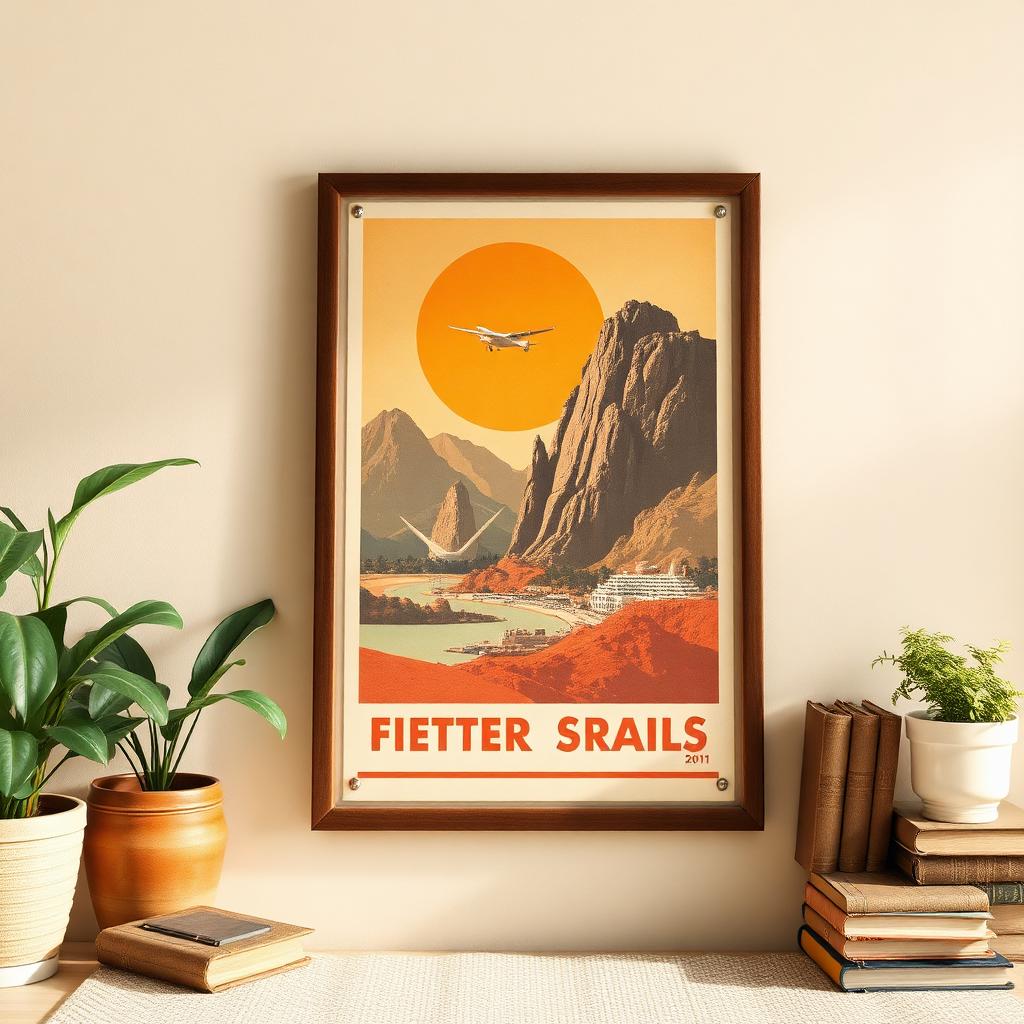 Vintage reseposter i mörk träram över gulnad bok och krukväxt