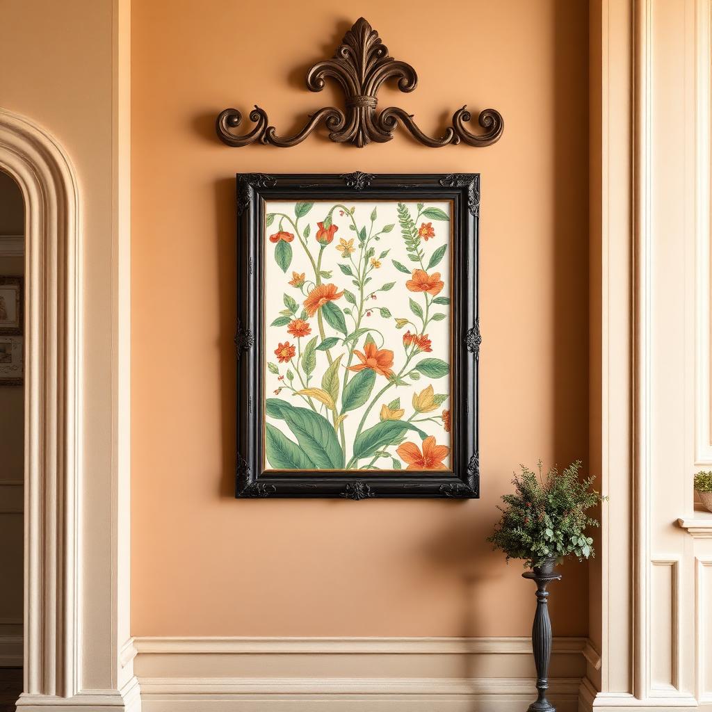 William Morris botanisk poster i mörk ram på beige vägg